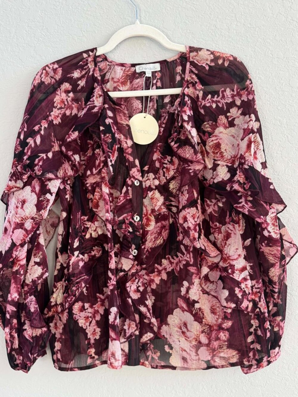 Chenault Floral Ruffle Blouse Burgundy Pink Gold Metallic Size L NWT - Picture 2 of 7